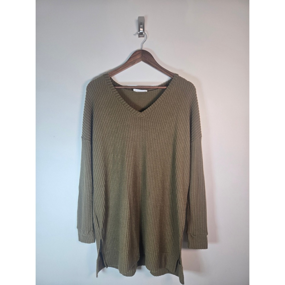 Zenana Women Olive Green Waffle Knit V-Neck Tunic Sweater HT-2430AB Small